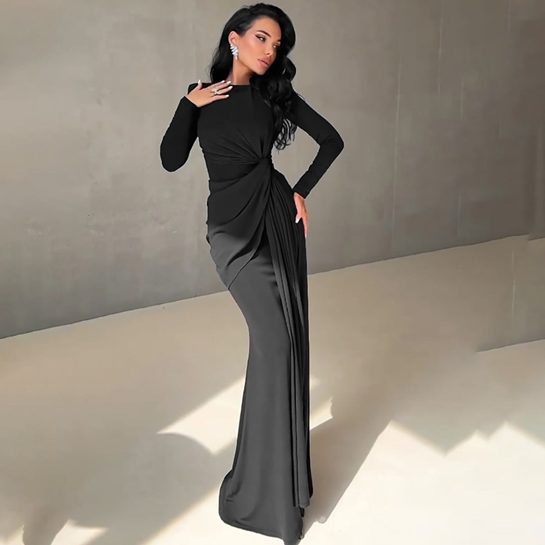 Damen Elegantes Longdress mit Raffung und hohem Kragen EB