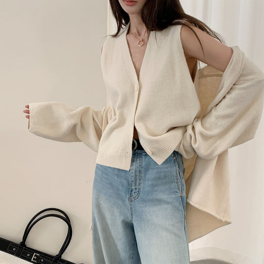 Damen Kuscheliger Strickcardigan mit großer Knopfleiste und Ballonärmeln EB