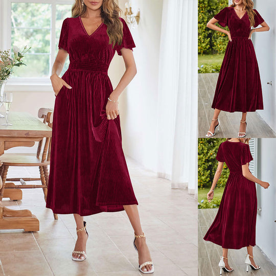 Damen Midikleid mit V-Ausschnitt und voluminösen Ärmeln EB