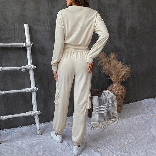 Damen lässiges Jogginganzug-Set mit Taschen und Bündchen EB