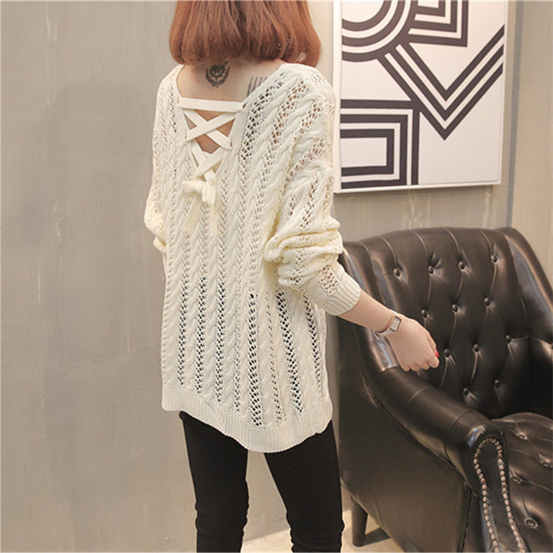 Damen Strickpullover mit Off-Shoulder-Design und Rückenschnürung EB