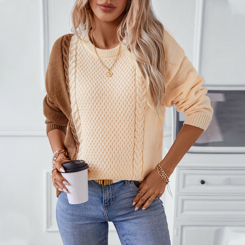 Damen modischer Pullover mit strukturiertem Zopfmuster und innovativem Farbblockdesign EB