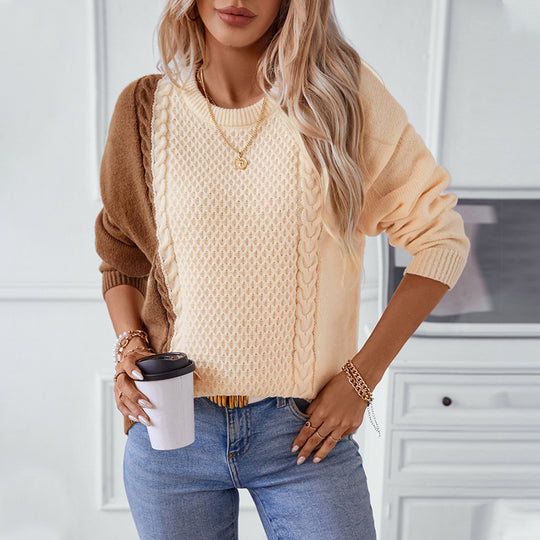 Damen modischer Pullover mit strukturiertem Zopfmuster und innovativem Farbblockdesign EB