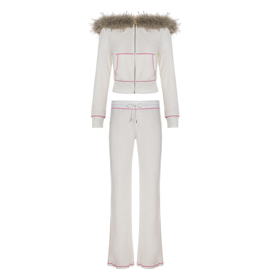 Damen nan kurz geschnittene Kapuzenjacke mit abnehmbarem Kunstfellkragen, durchgehendem Reißverschluss und kontrastierenden Ziernähten EB