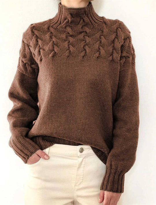 Damen Grobstrickpullover mit Stehkragen und Zopfmuster EB