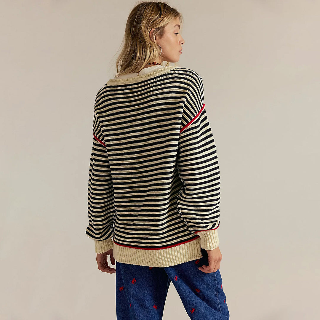 Damen Oversize Ringelstrickpullover mit weitem Schnitt, Bündchen & kontrastierenden Paspeln EB