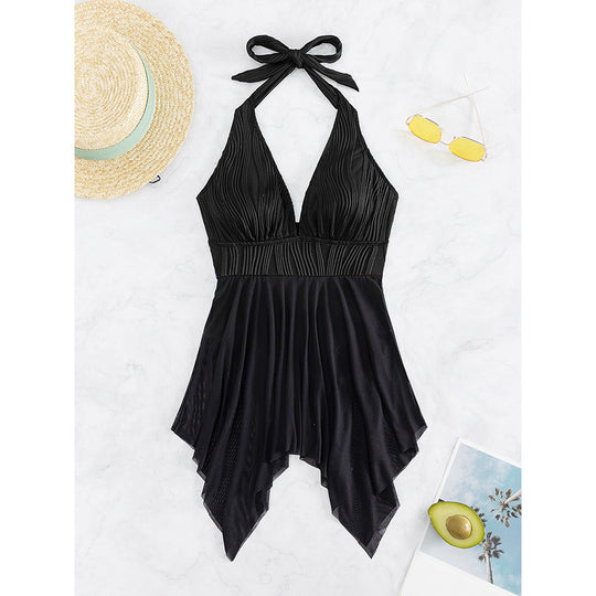 Damen Eleganter Wickel-Badeanzug mit tiefem V-Ausschnitt und Chiffonrock EB
