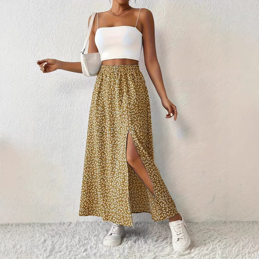 Damen Maxirock mit elegantem Schlitz und floralem Muster EB