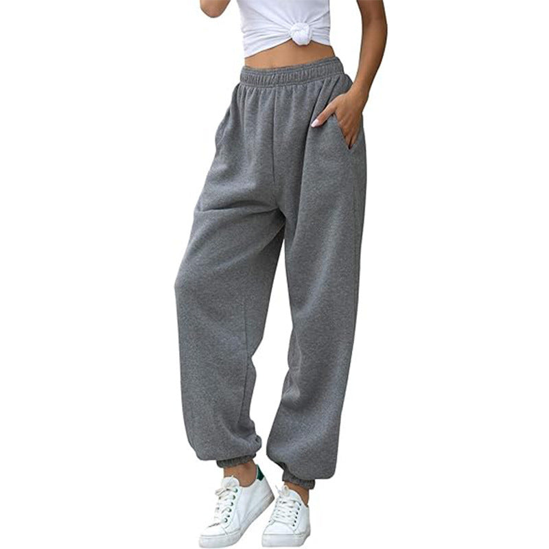 Damen nan weite High-Waist Jogginghose aus weichem Fleece mit elastischem Bund, Eingrifftaschen und engen Saumbündchen EB