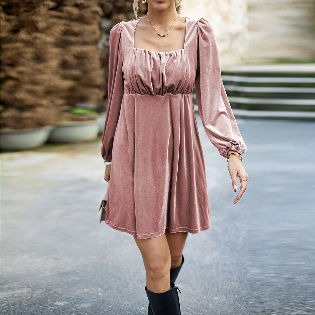 Damen nan Samt-Kurzkleid mit quadratischem Ausschnitt, Empire-Taille und Ballonärmeln EB