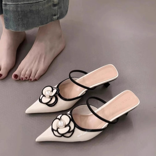 Damen Slingback Mules mit floralem Design und Perlenakzent EB