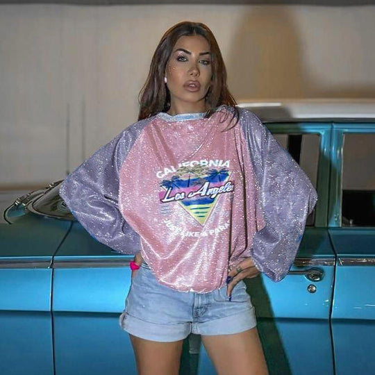 Damen Glitzerndes Oversize-Sweatshirt mit Raglanärmeln und Retro-Los-Angeles-Print EB