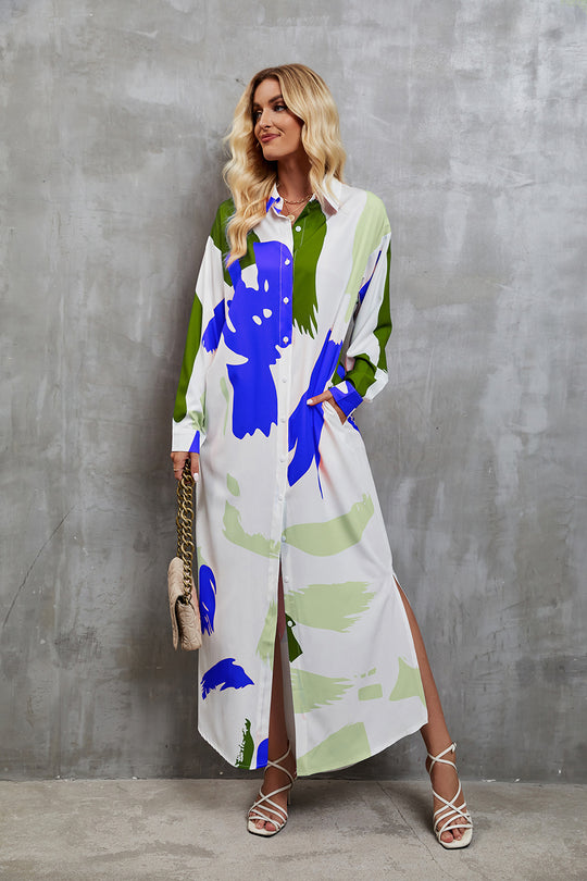Damen Hemdblusenkleid mit farbenfrohem grafischen Muster und legere Passform EB