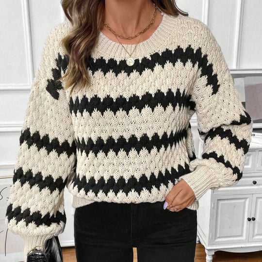 Damen Grobstrickpullover mit geometrischem Muster und voluminösen Ärmeln EB