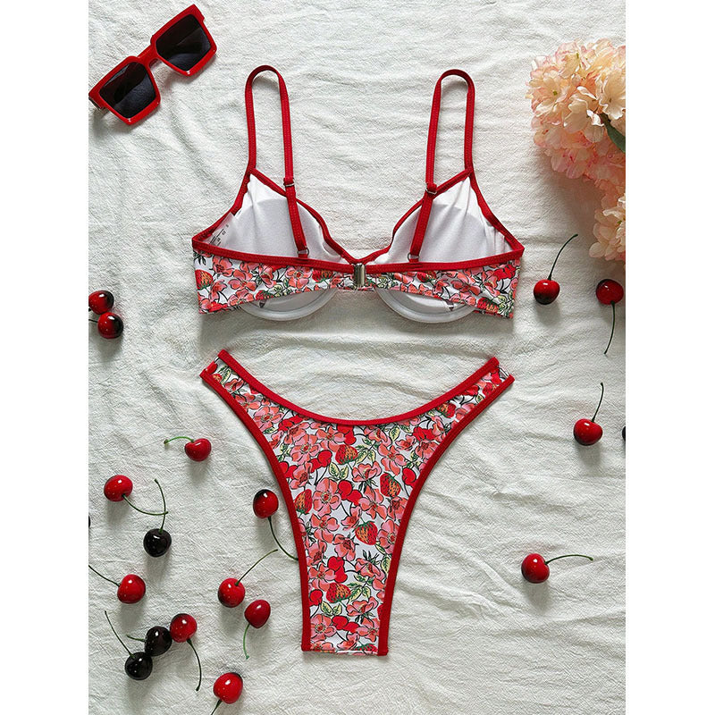 Damen Blumenmuster Bikini-Set mit elegantem Bustier-Oberteil und niedrigem Slip EB