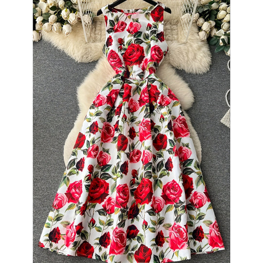 Damen A-Linien Kleid mit floralen Mustern und schwingendem Saum EB