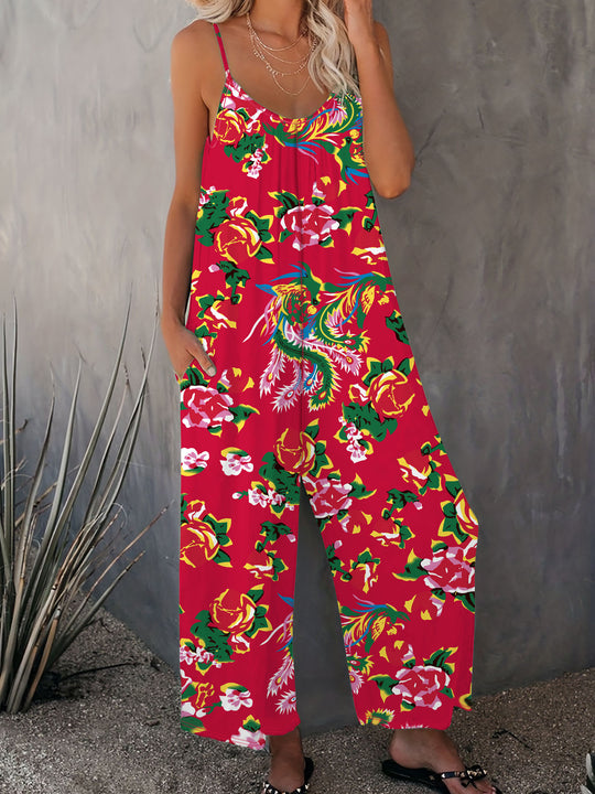 Damen Luftiger Jumpsuit mit floralem Design und verstellbaren Trägern EB