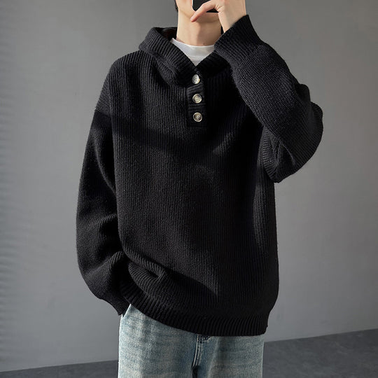 Herren Strickpullover mit Knopfleiste und Kapuze EB