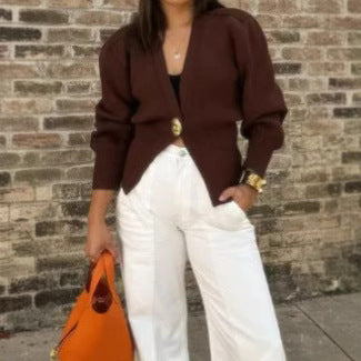 Damen Eleganter und lässiger Cardigan mit tiefem Ausschnitt und Schmuckknopf EB