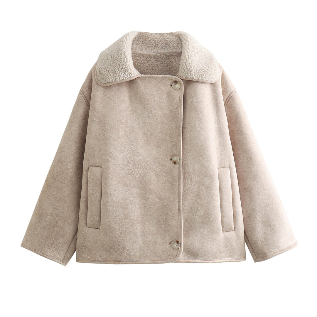 Damen nan kurze Winterjacke mit weichem Teddyfutter, Umschlagkragen und Knopfleiste EB