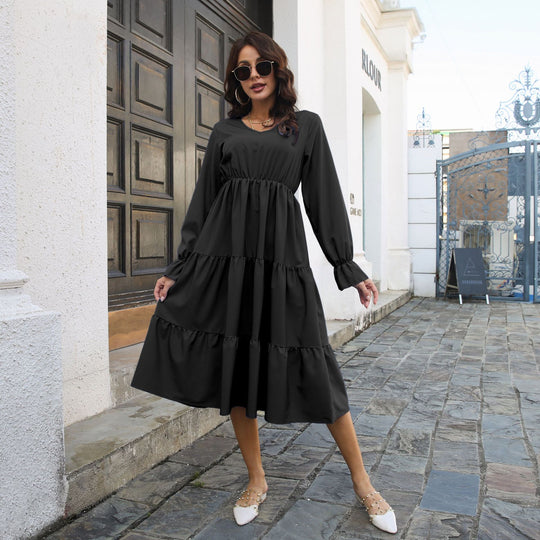 Damen Midi-Kleid mit voluminösen Rüschendetails und tailliertem Schnitt EB