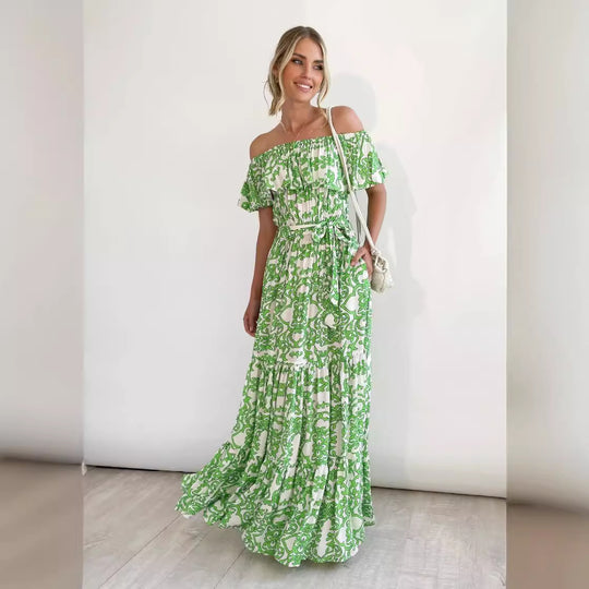 Damen Off-Shoulder Maxikleid mit voluminösem Rüschendesign und elastischem Taillenbund EB