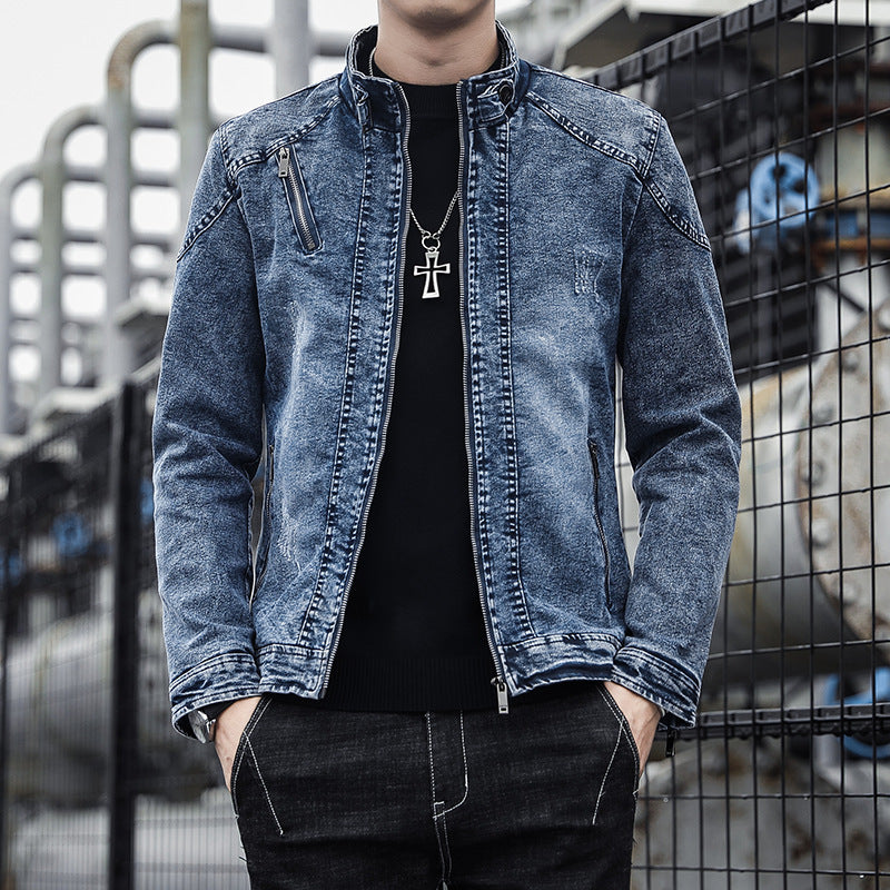 Herren Denim-Utility-Blouson mit hochschließendem Stehkragen und Zipper-Taschen EB