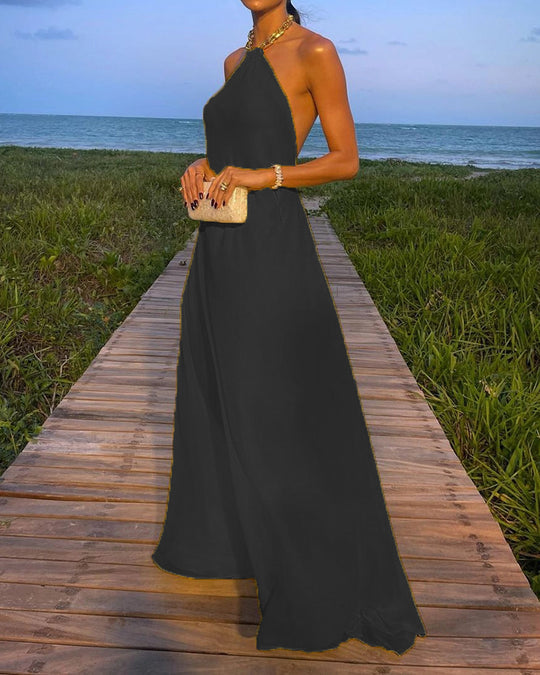Damen Elegantes Maxikleid mit schmalem Halsband und fließendem Stoff EB