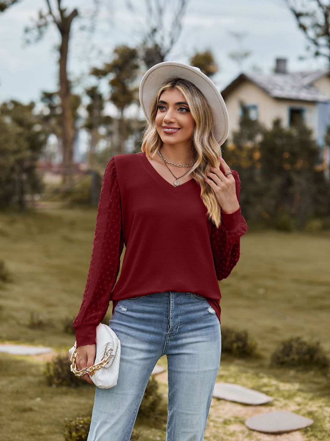 Damen elegantes V-Ausschnitt Oberteil mit Puffärmeln EB