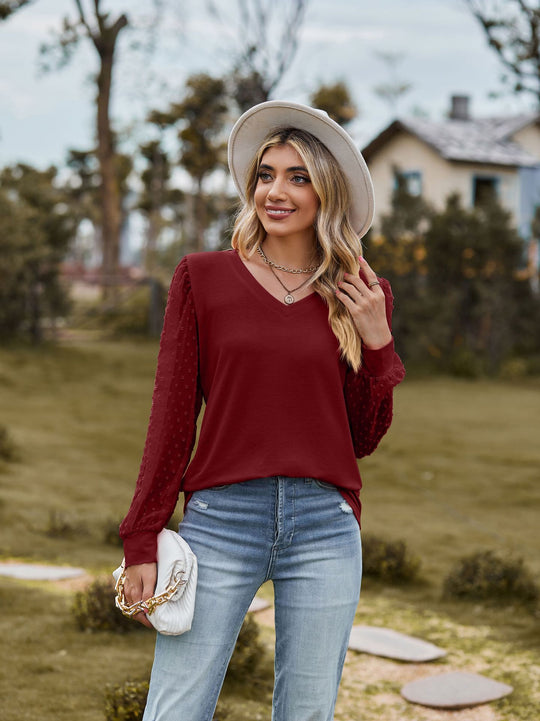 Damen elegantes V-Ausschnitt Oberteil mit Puffärmeln EB