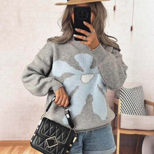 Damen Pullover mit auffälligem Blütenmotiv und lockerer Passform EB