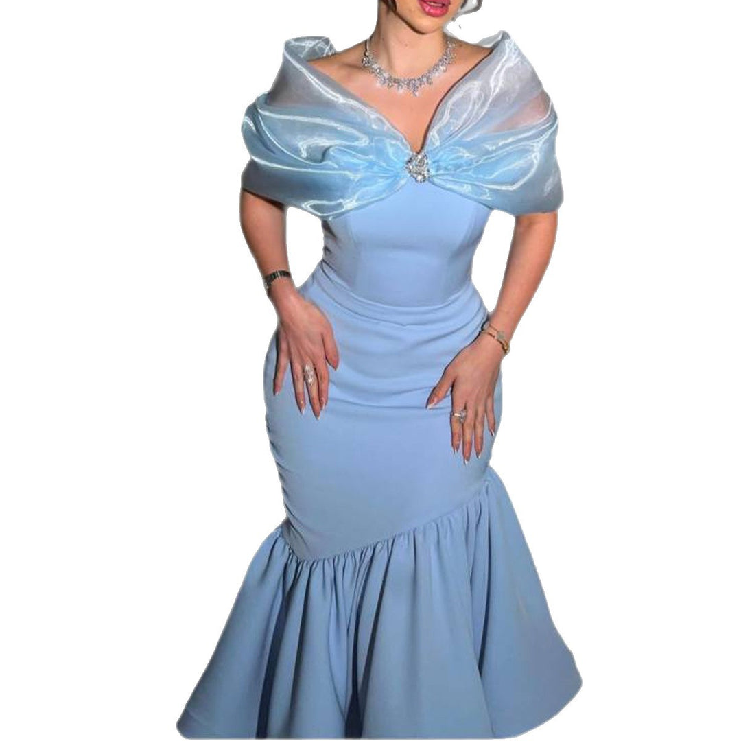 Damen elegantes Abendkleid mit transparentem Umhang und asymmetrischem Saum EB