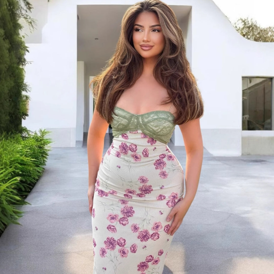 Damen Etuikleid mit floralem Design und transparenten Spitzenakzenten EB