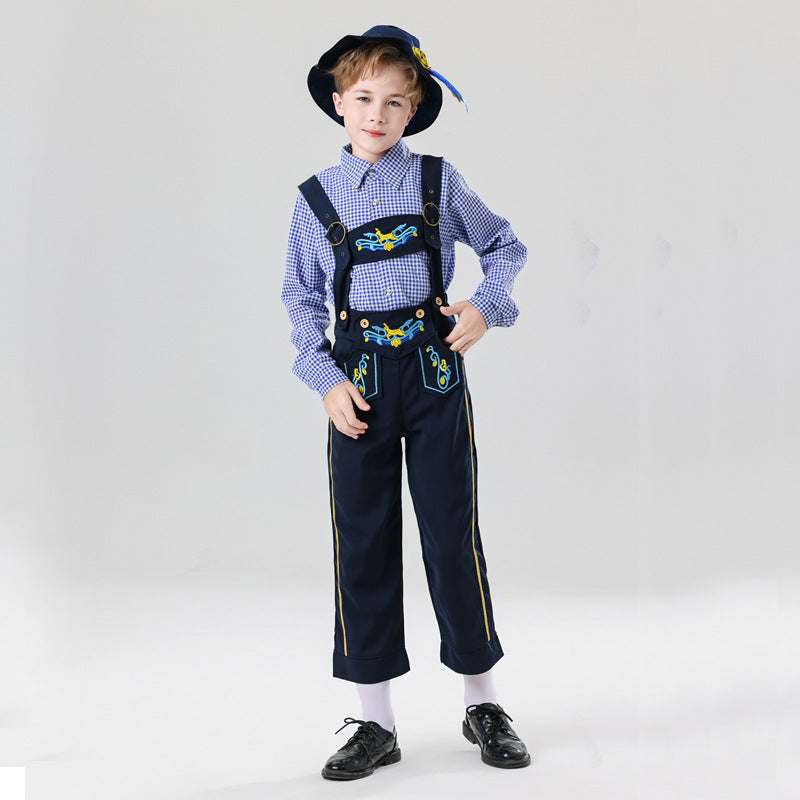 Herren nan bestickte Kindertracht Latzhose mit verstellbaren Hosenträgern und Kontrastnähten EB