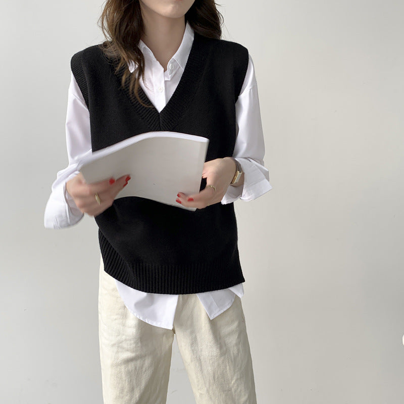 Damen Ärmellose Strickweste mit V-Ausschnitt und Rippdetails EB