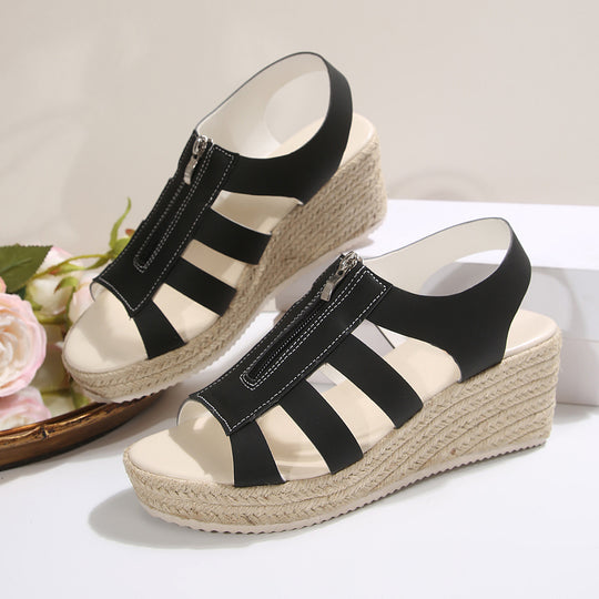 Damen Plateau-Riemchen-Sandalen mit Reißverschluss und geflochtener Sohle EB
