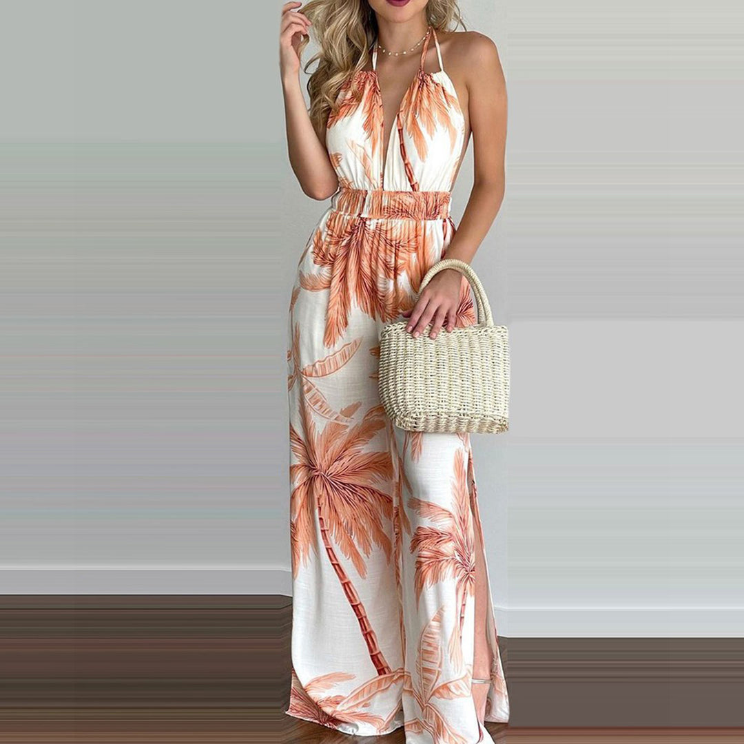 Damen eleganter Jumpsuit mit Spaghettiträgern und hohen Seitenschlitzen EB