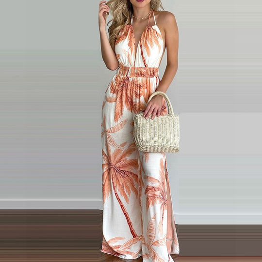Damen eleganter Jumpsuit mit Spaghettiträgern und hohen Seitenschlitzen EB