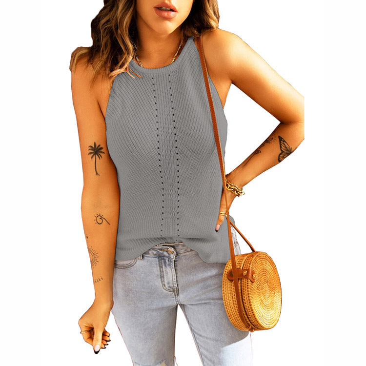 Damen ärmelloses Stricktop mit Rippstruktur und dekorativem Lochmuster EB