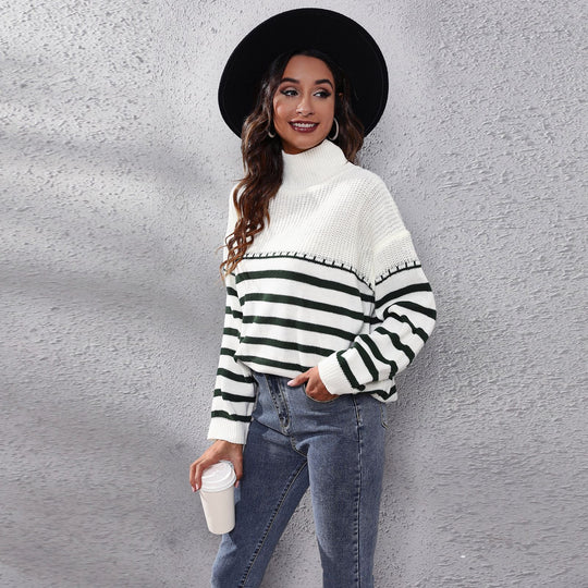 Damen Strickpullover mit hohem Kragen und modernem Streifenmuster EB