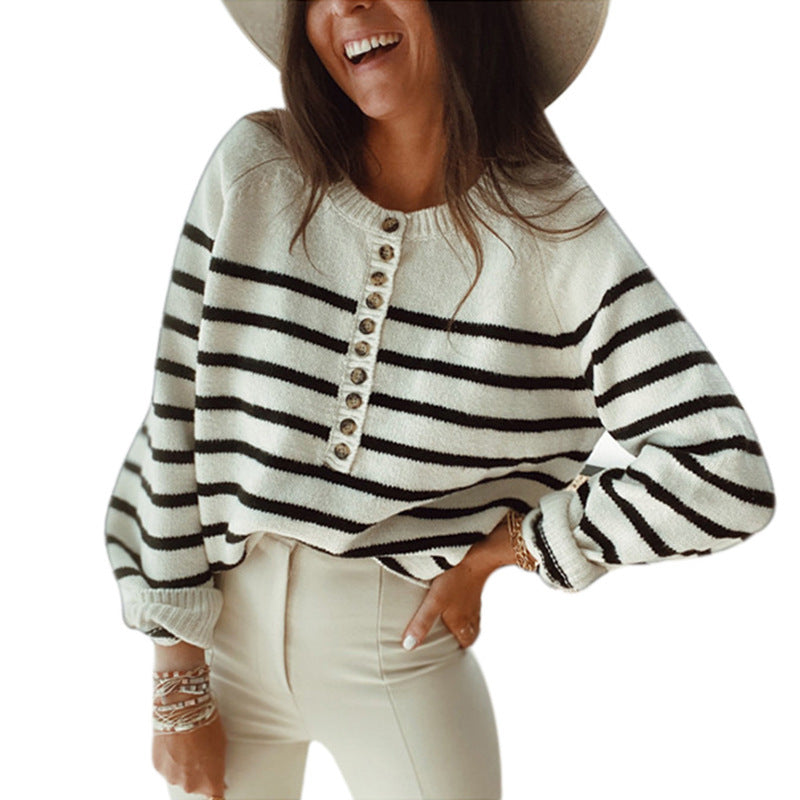 Damen Komfortabler Strickpullover mit Streifenmuster und Knopfleiste EB