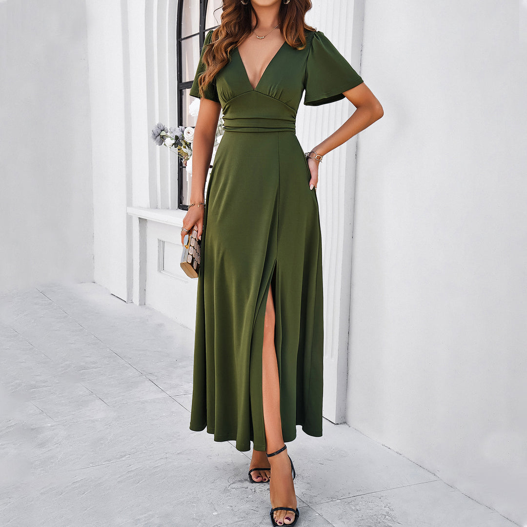 Damen Maxikleid mit tiefem V-Ausschnitt und seitlichem Schlitz EB