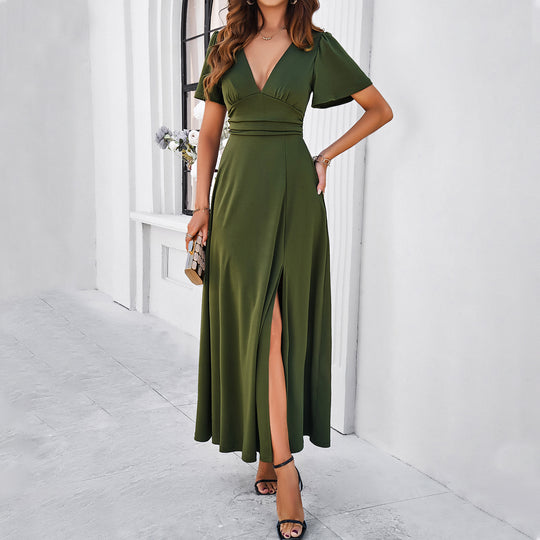 Damen Maxikleid mit tiefem V-Ausschnitt und seitlichem Schlitz EB
