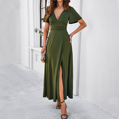 Damen Maxikleid mit tiefem V-Ausschnitt und seitlichem Schlitz EB
