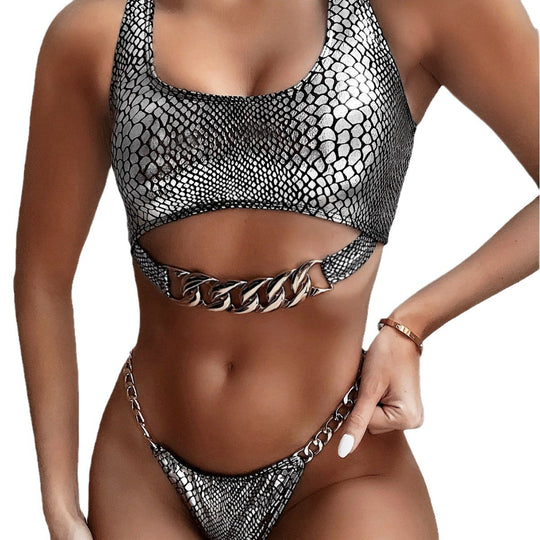 Damen Bikini-Set mit schickem Schlangenmuster und Ketten-Detail EB