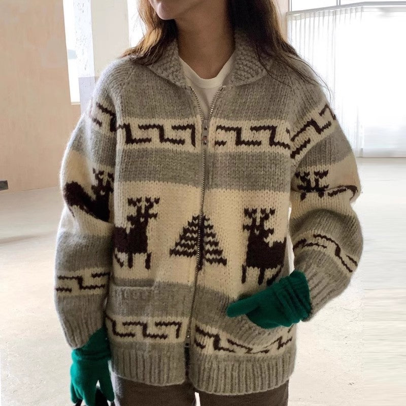 Damen Kuscheliger Zip-Cardigan mit festlichem Motiv EB