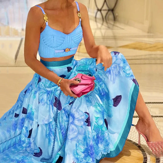 Damen Zweiteiliges Kleidungsset mit floralem Design und modischem Bustier EB