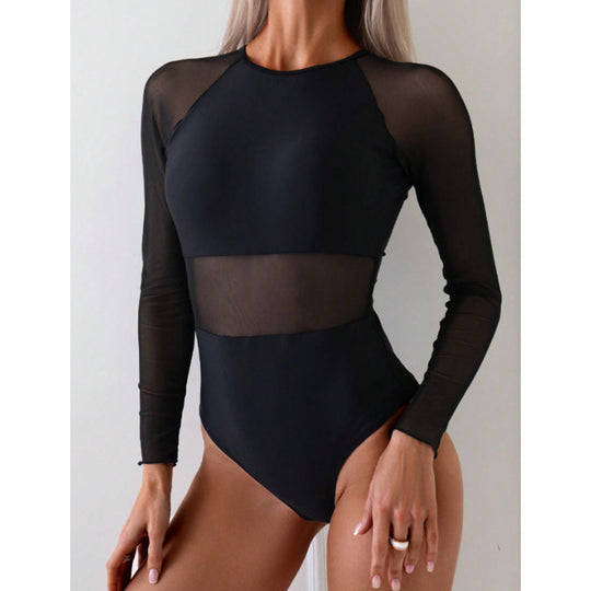 Damen Sportlicher Einteiler Badeanzug mit transparenten Einsätzen EB