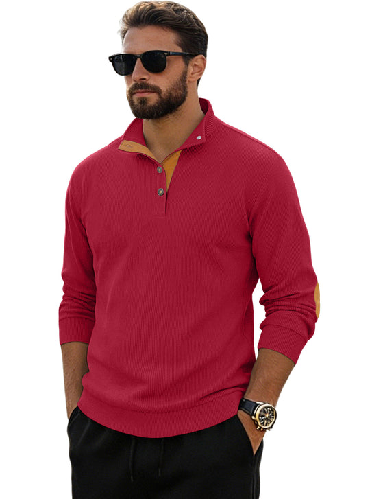 Herren nan fein gerippter Strickpullover mit Polokragen Knopfleiste und Ellenbogenbesatz EB