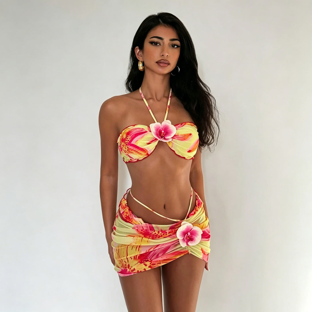 Damen Bandeau-Bikini mit floralem Wickelrock EB
